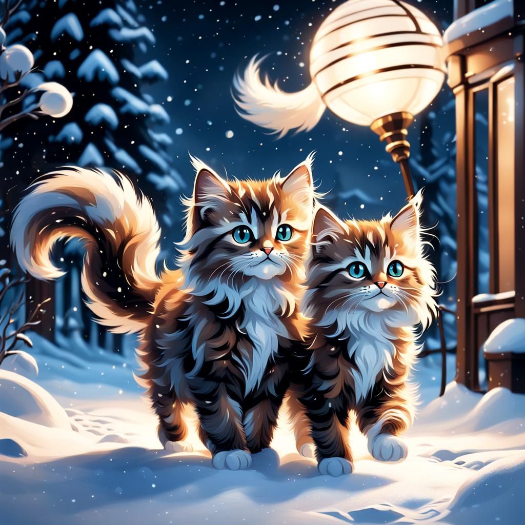 Fluffy Kittens in Snow, Art Deco Lighting