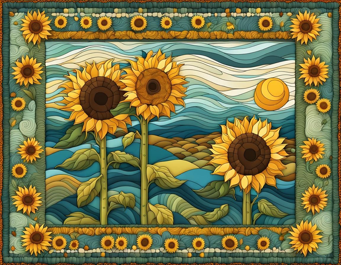 Vibrant Arts and Crafts-Inspired Quilt of Sunflowers in Bloo...
