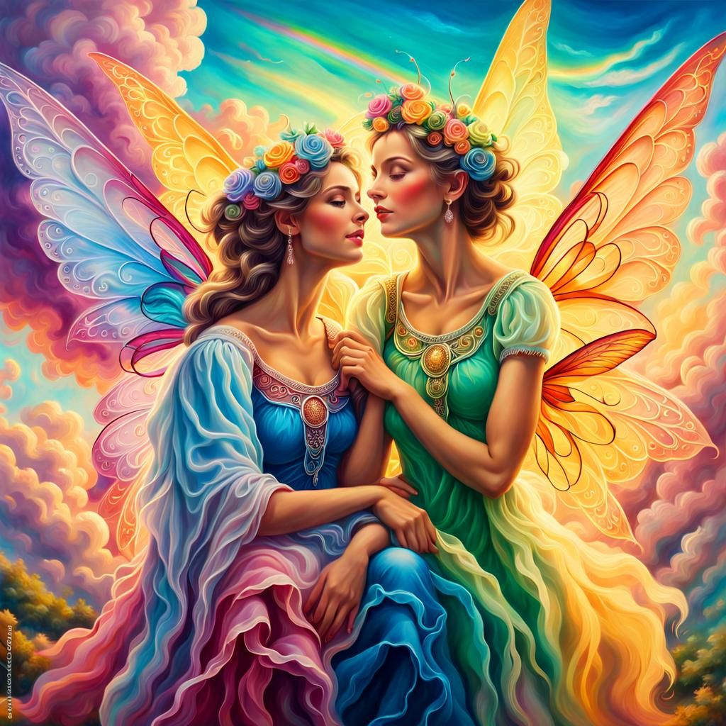 Fairies Washing Clothes on Clouds in Dreamlike Oil Painting