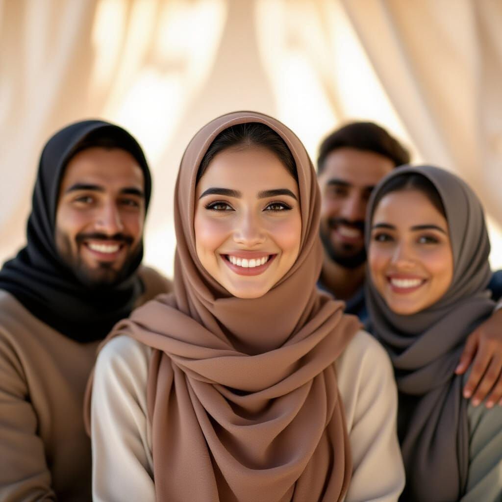 Young Woman in Hijab Surrounded by Family, Cinematic Style