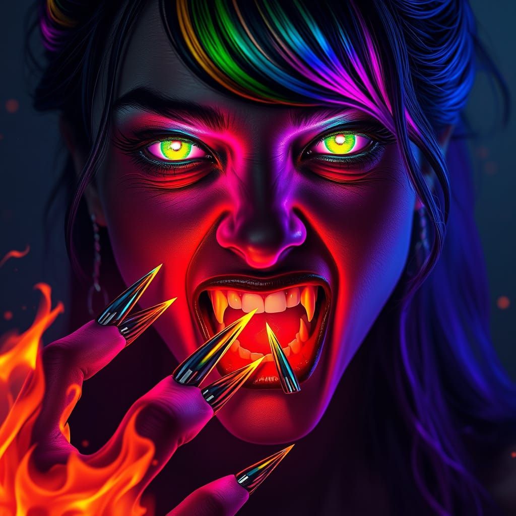 Dark Beauty with Glowing Rainbow Flame Hair and Fangs