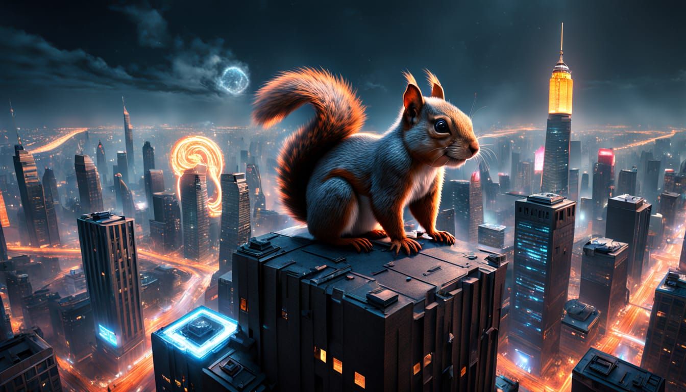 Squirrel on Skyscraper in Neon Cityscape