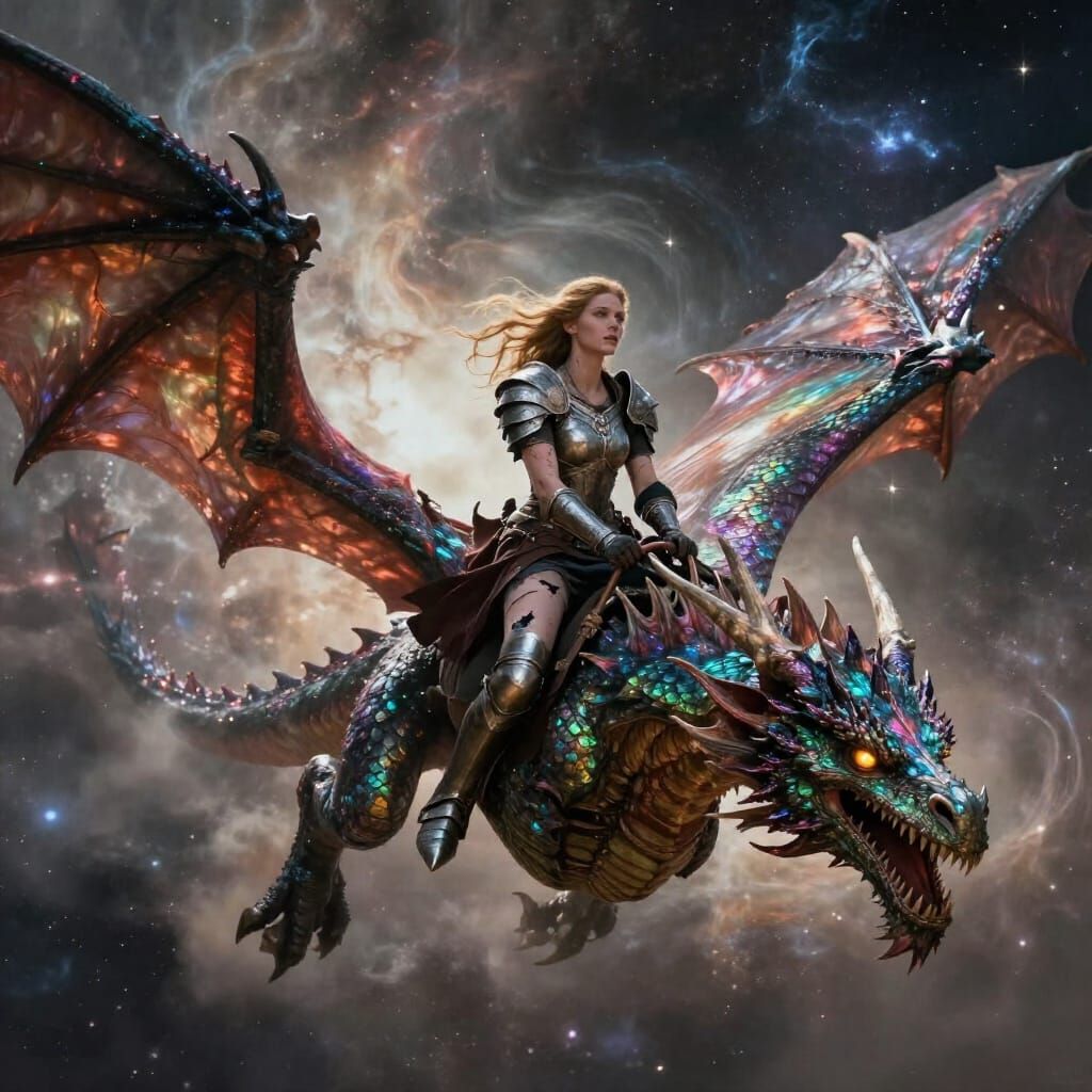 Ancient Dragon with Warrior Princess in Cosmic Nebula