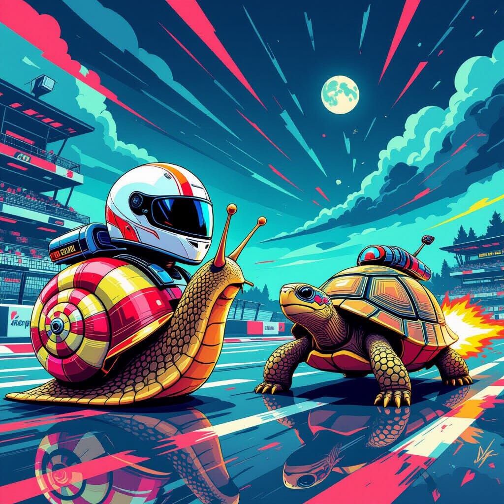 Cartoon Snail and Tortoise Race in Digital Art Style