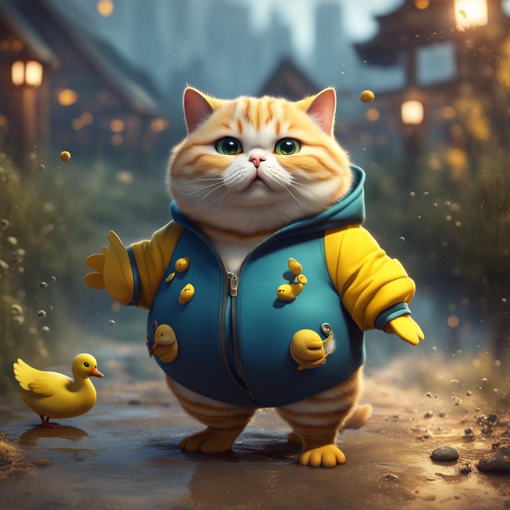 Chubby Cat in Duck Onesie, Detailed Matte Painting
