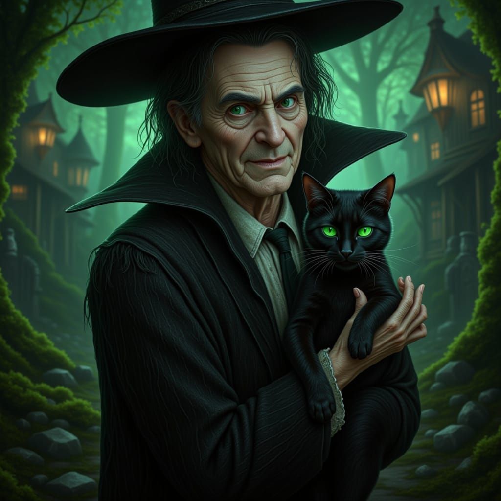 Beetlejuice Lookalike with Black Cat in Macabre Graveyard