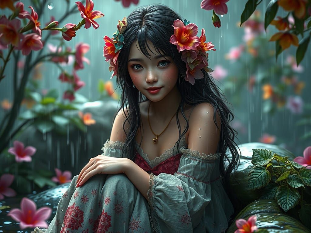 Enigmatic Young Woman in Rainy Garden Sanctuary