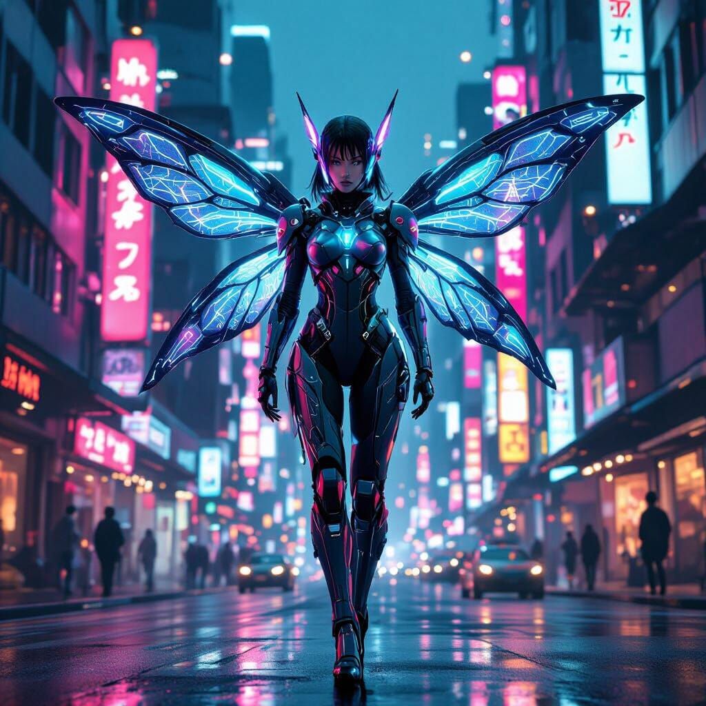 Cybernetic Fairy in Neo Tokyo: Cyberpunk Art