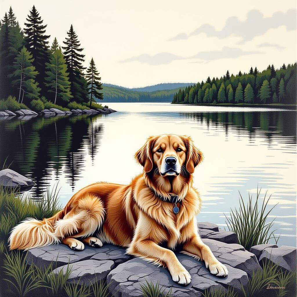 Golden Retriever by Lake, in Charcoal Drawing Style
