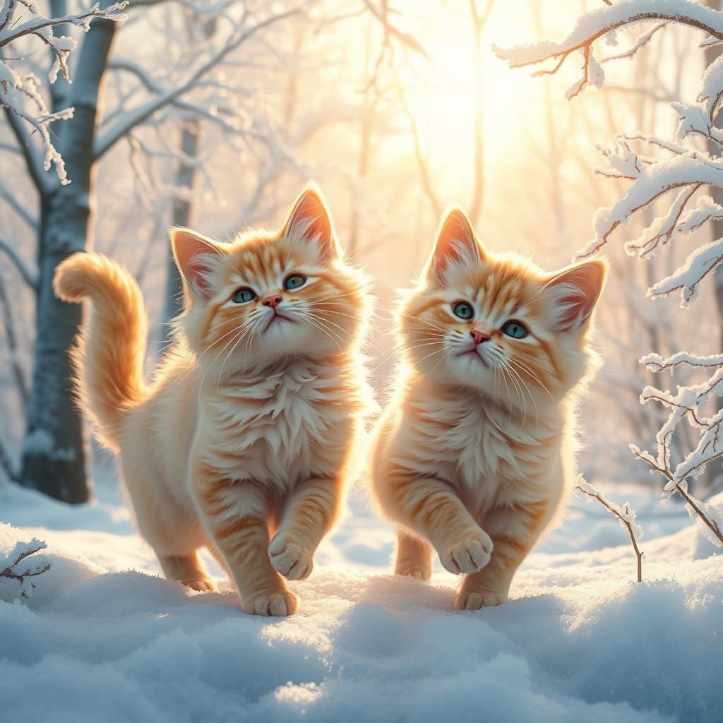 Whimsical Winter Wonderland of Peach-Colored Felines