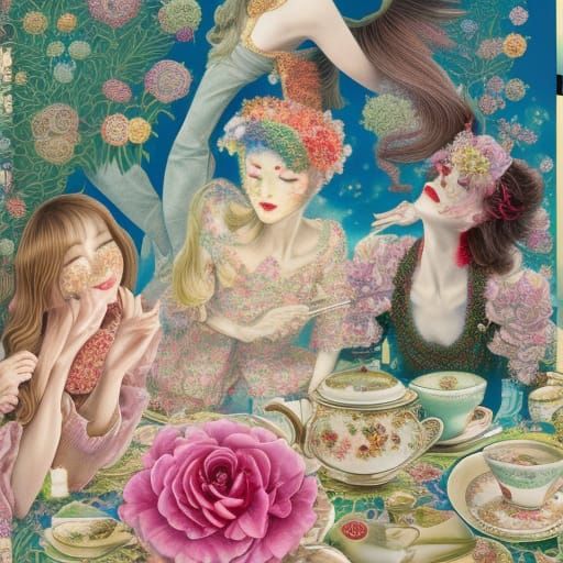 Elegant Tea Party with Mountain View, Fashion Magazine Art