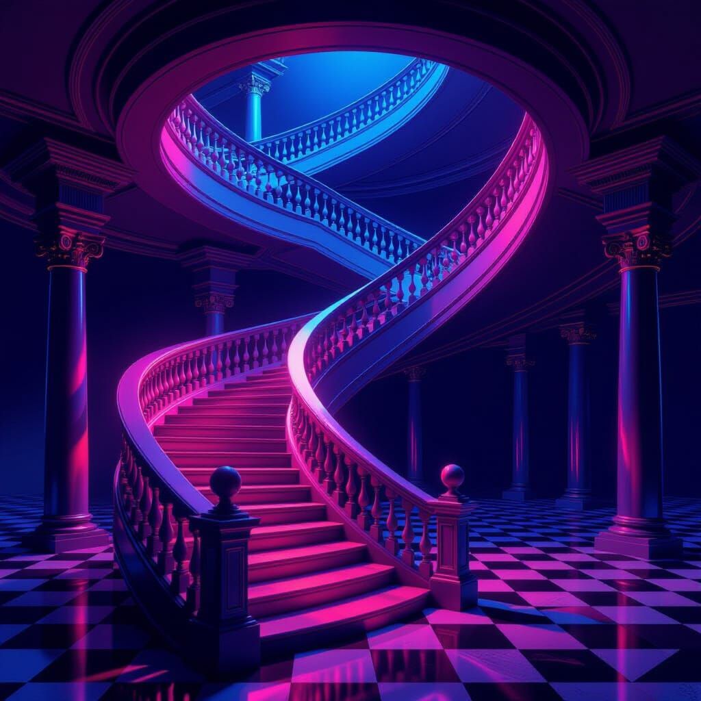 Escher-esque Staircase Looping into Void, Neon Edges