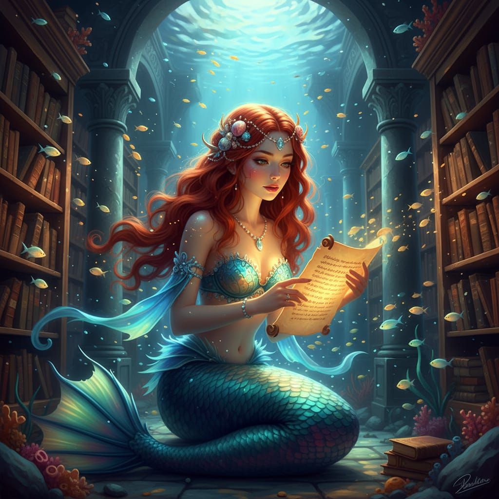 Beautiful Mermaid in Underwater Library Close-up