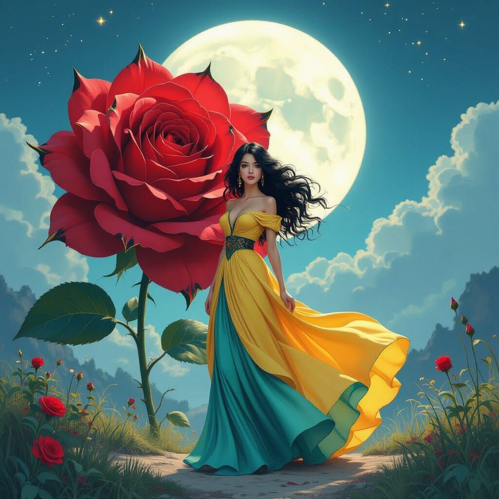 Lady dressed in a long yellow and teal flowy dress