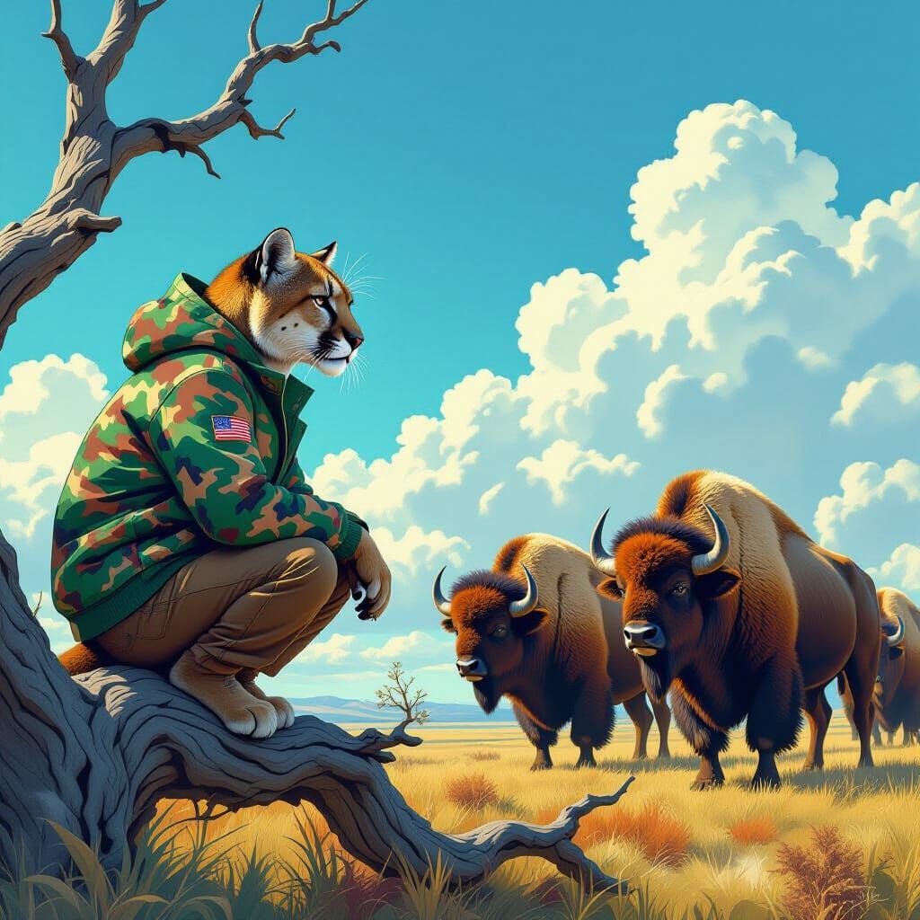 Puma Watches Bison Herd in Hyperrealistic Style