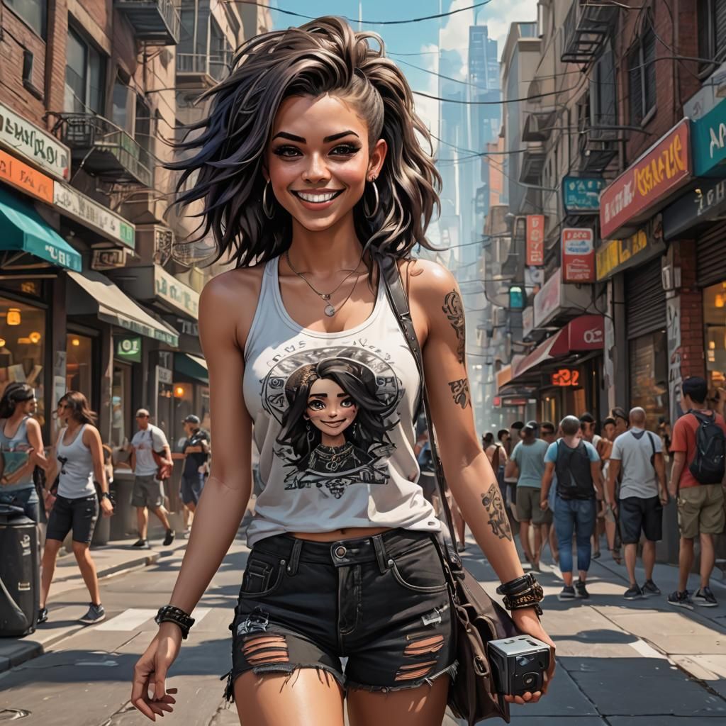 Adorable Punk Girl in Cityscape Digital Art