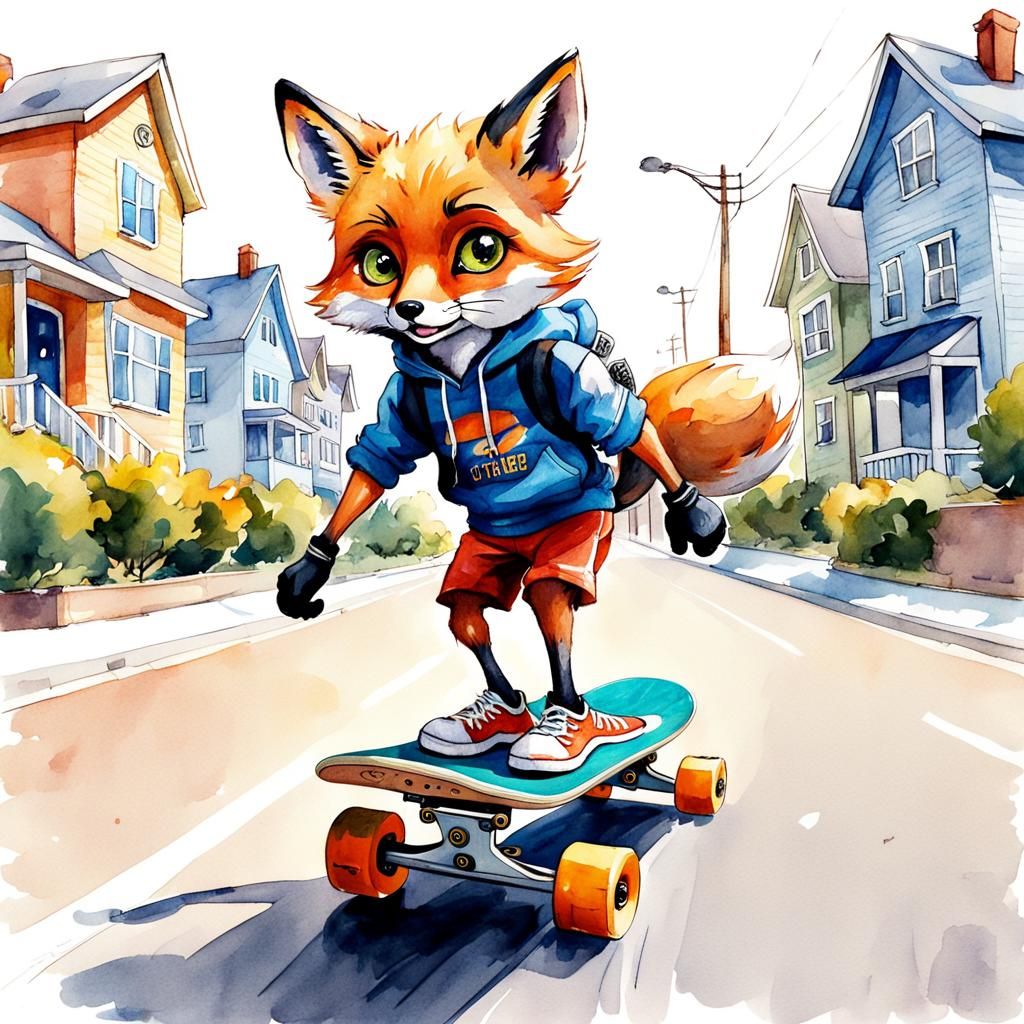 Fox on Skateboard: Watercolor Sketch Illustration