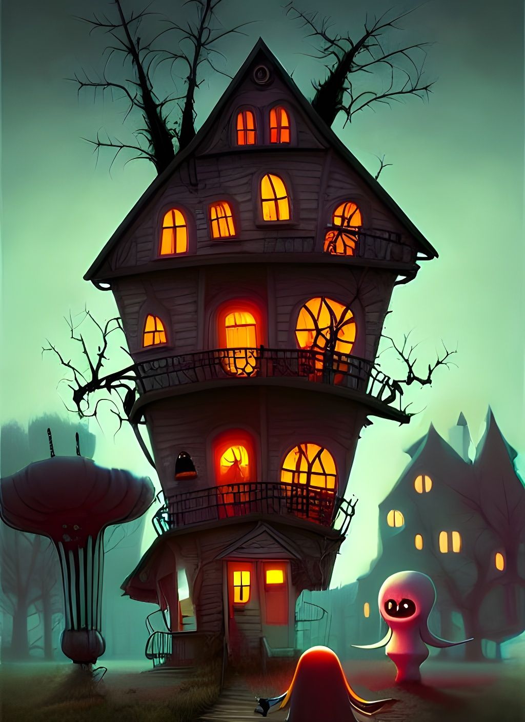 Cute Spooky Ghosts in Cartoon Surreal Horror Style