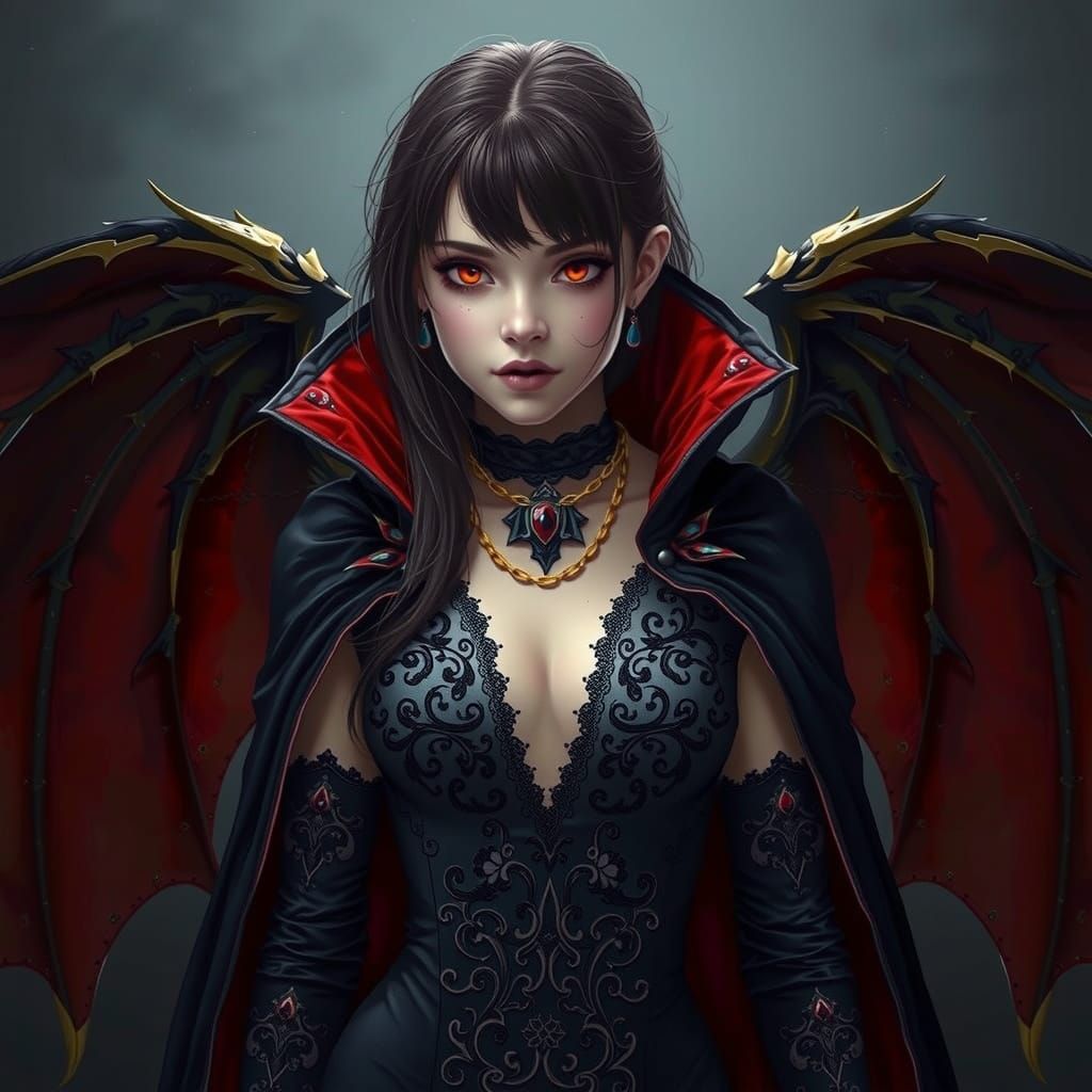 Gothic Fantasy Woman with Red Eyes and Bat Wings