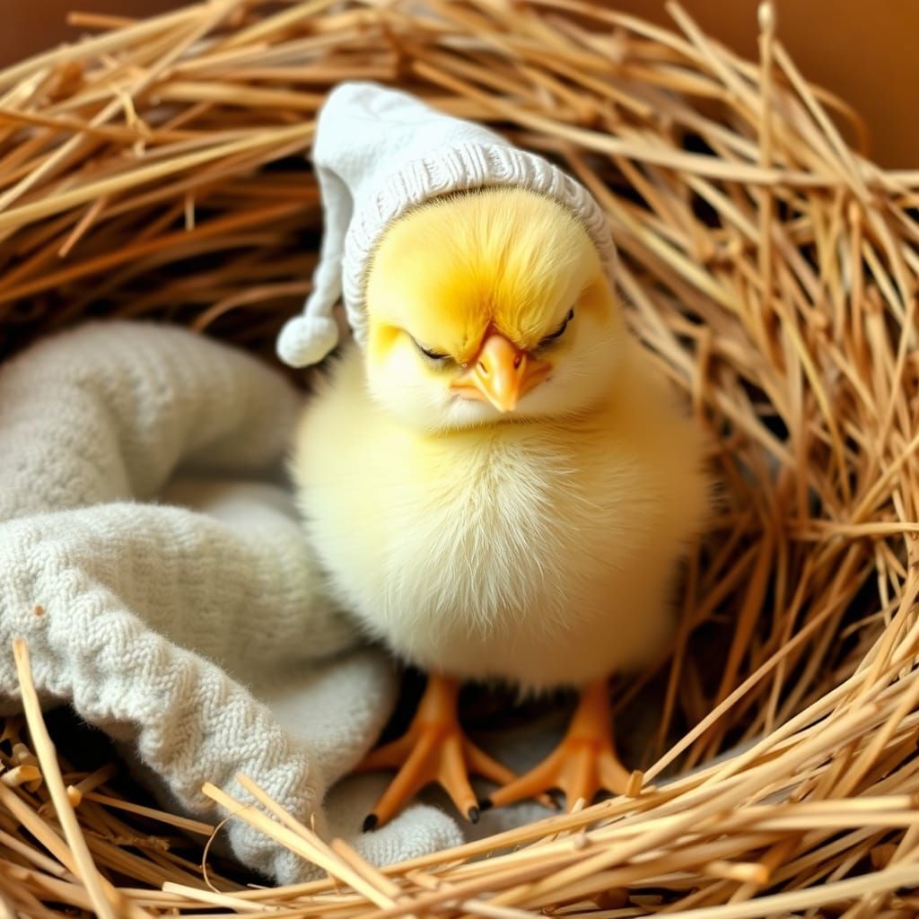 Grumpy Chick in Nightcap Near Straw Nest