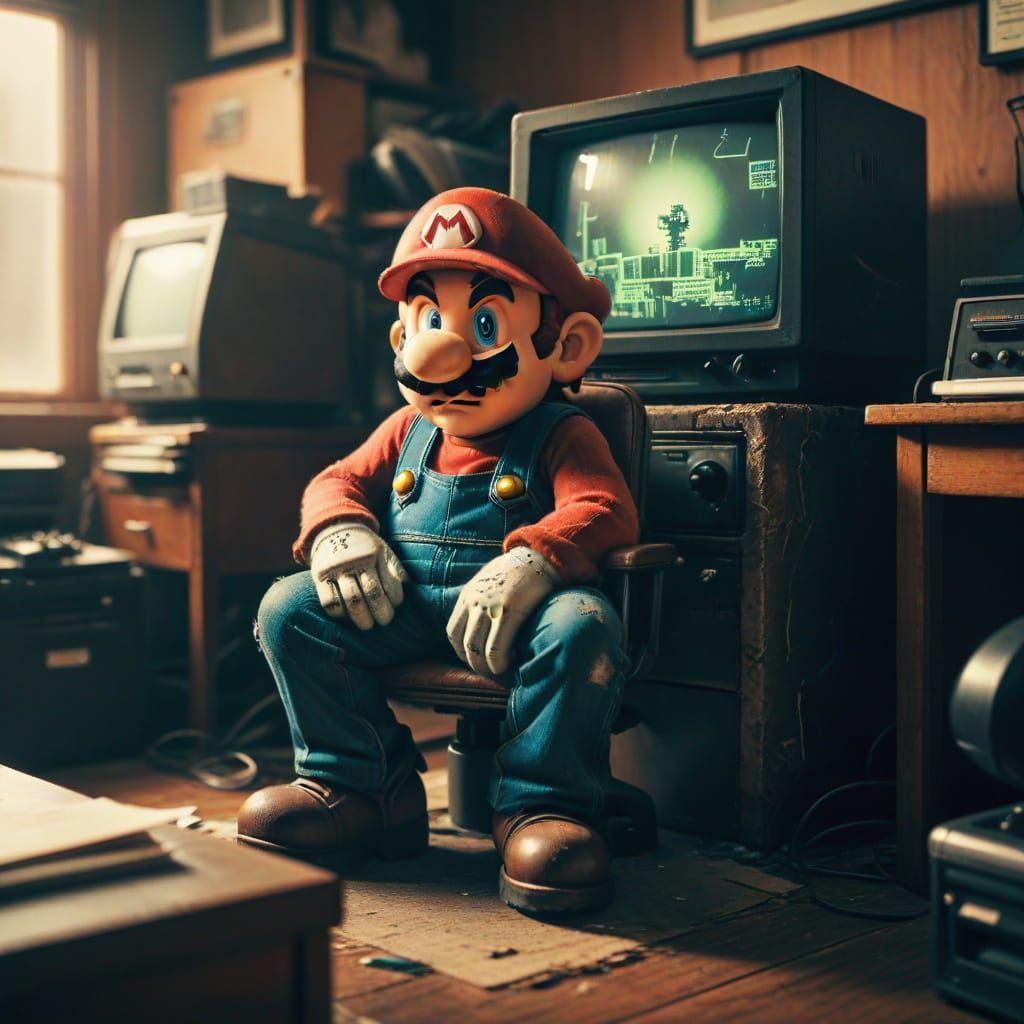 Grungy Analog Photo of Mario in Retro Office