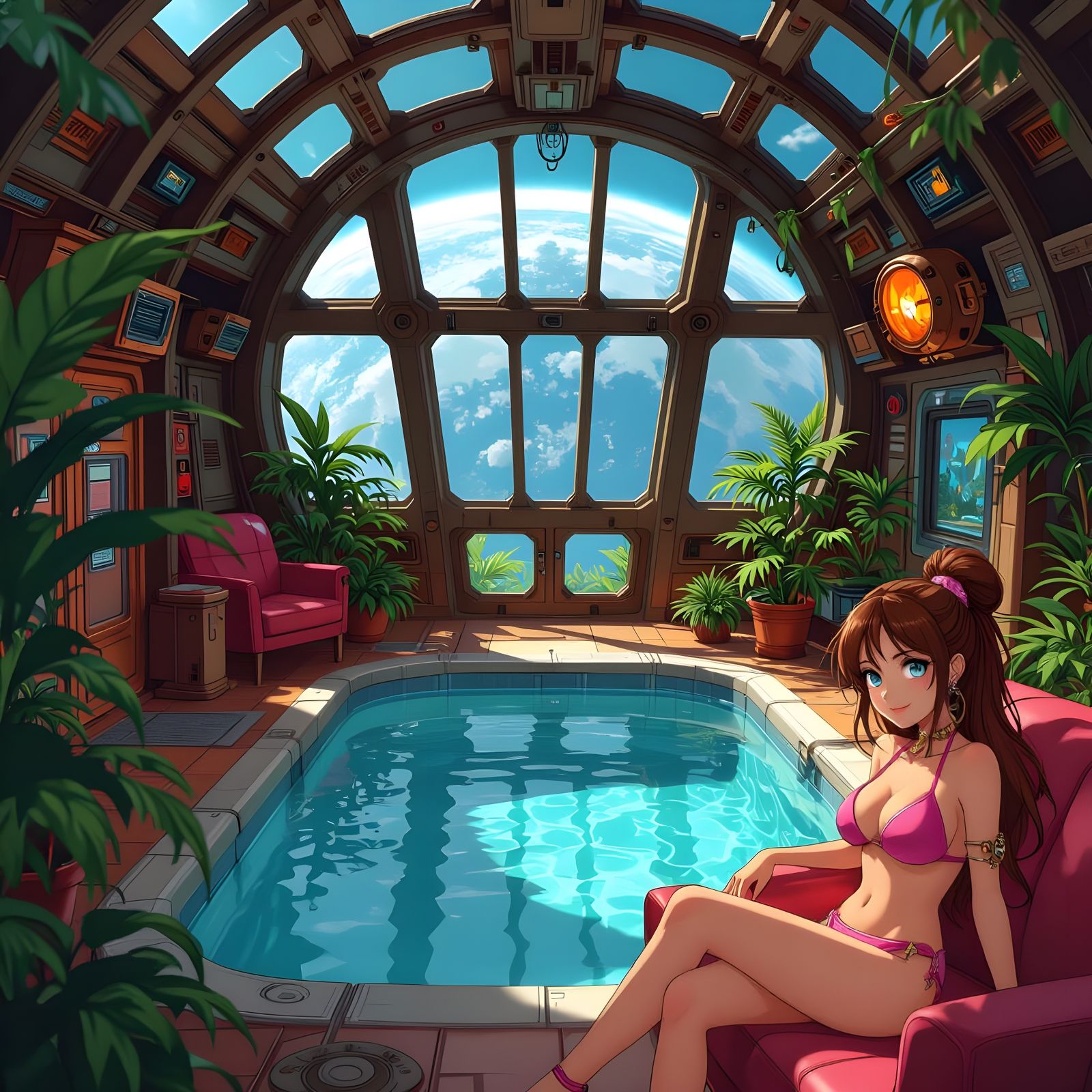 Steampunk Space Station with Tropical Pool, Manga Style