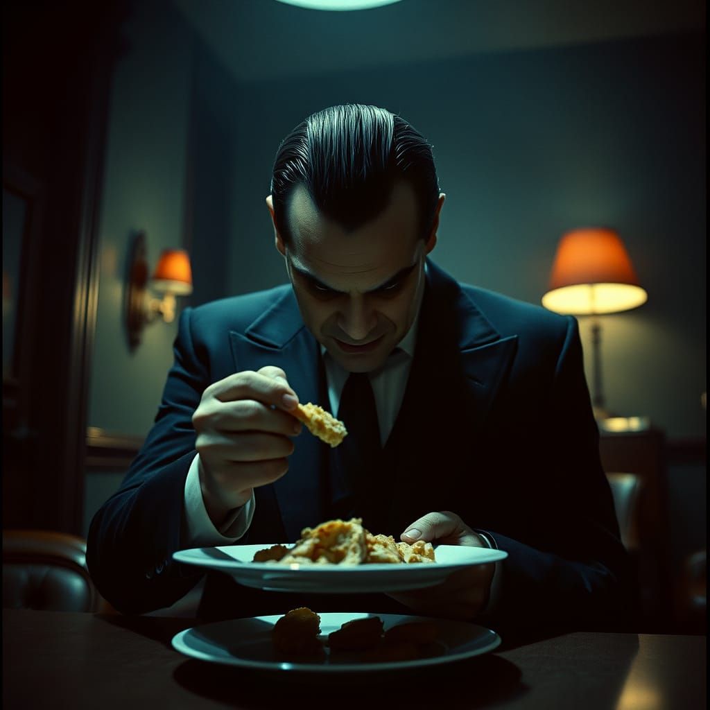 Cinematic Super Villain Stealing Food in the Dark