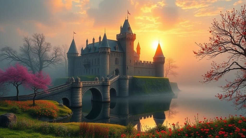 Medieval Castle Emerging from Springtime Mist