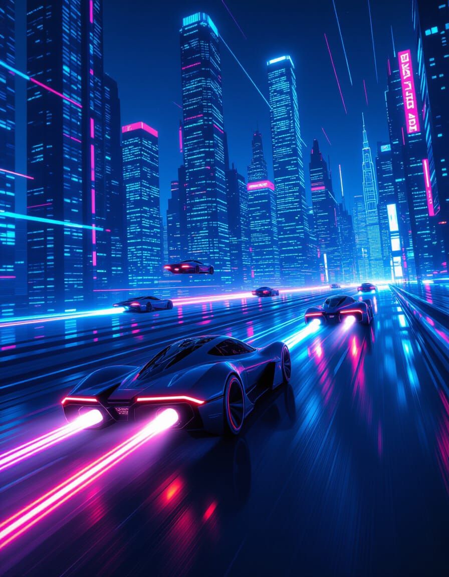 Flying Car Race Over Cyberpunk City at Night