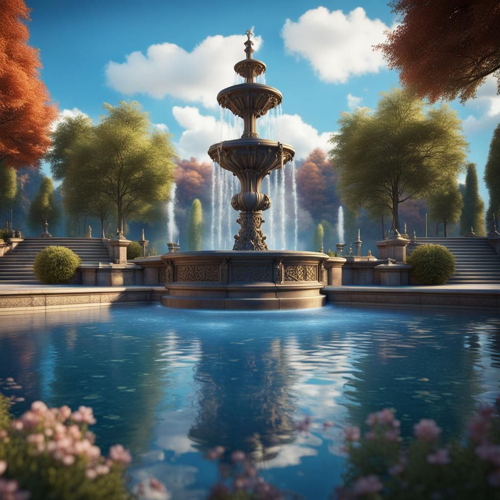 Ornamental Fountain in Park, Detailed Matte Painting