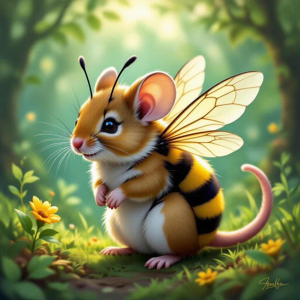 Whimsical Mouse-Bee Hybrid in Magical Forest