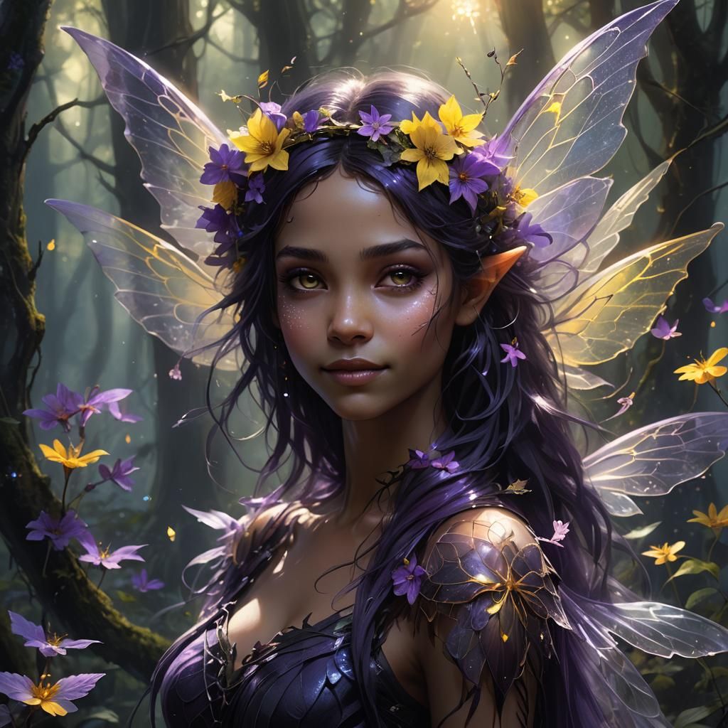 Dark Fairy with Translucent Wings in Mystical Forest