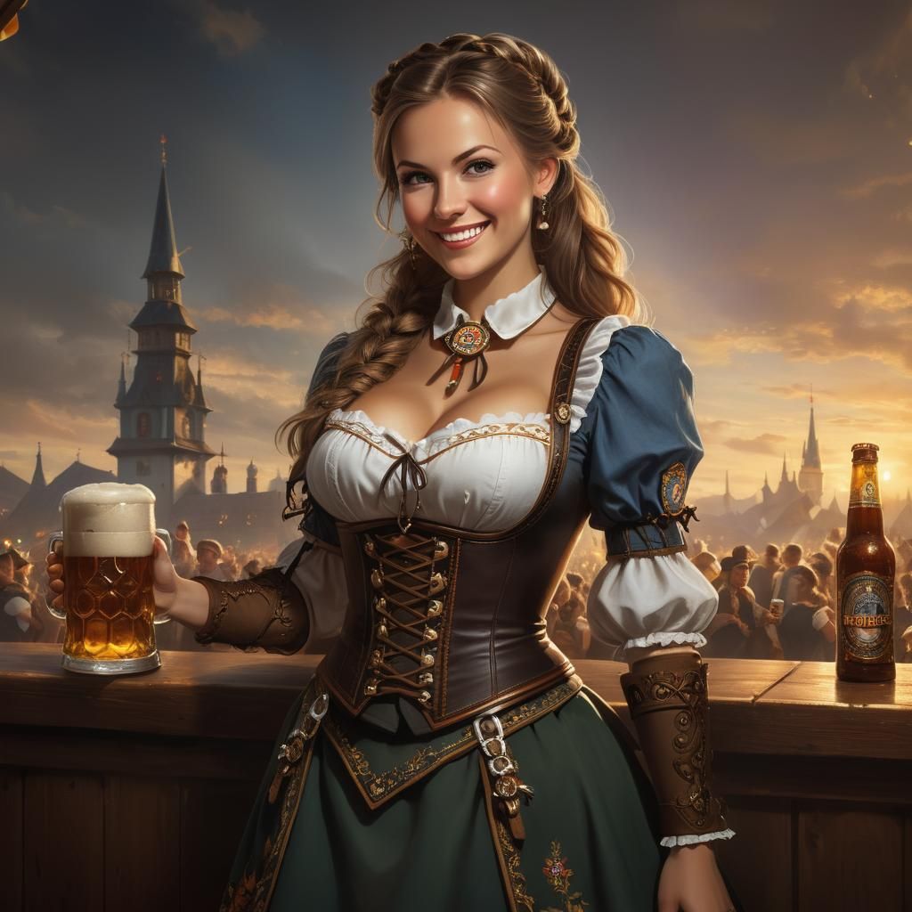 Oktoberfest Beer Waitress in Detailed Fantasy Setting