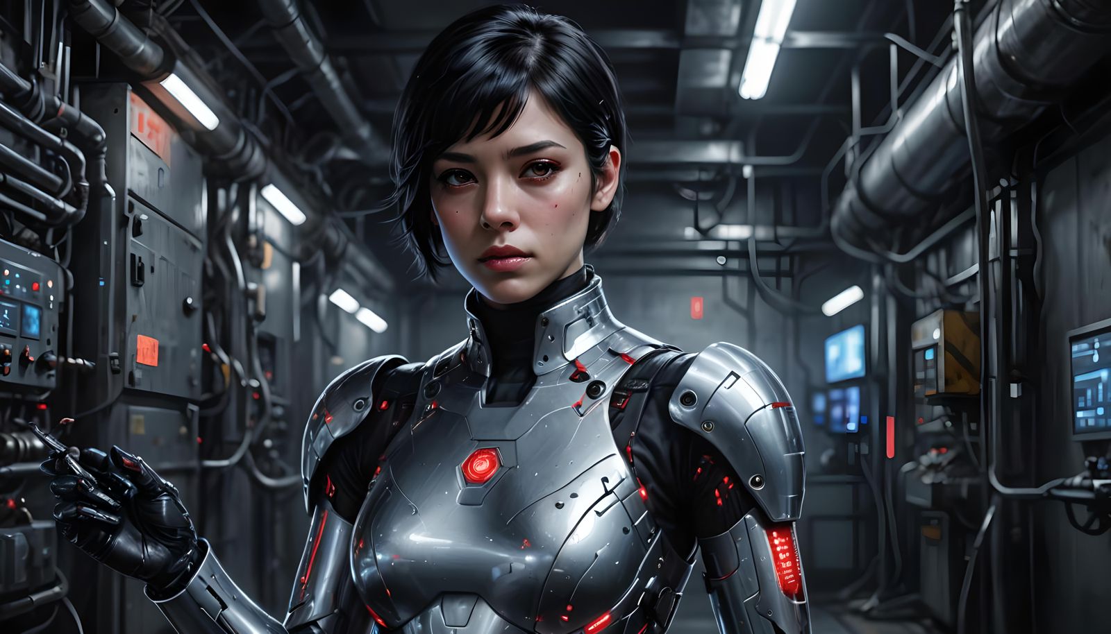 Hyperrealistic Nova Portrait with Red Eyes and Digital Arm