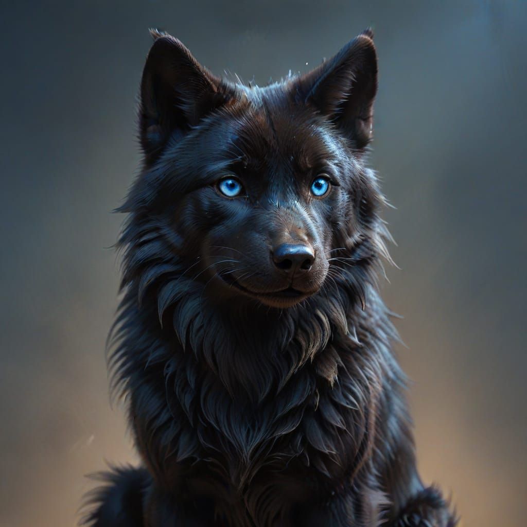Mega-Cute Black Wolf with Blue Eyes in Studio Lighting