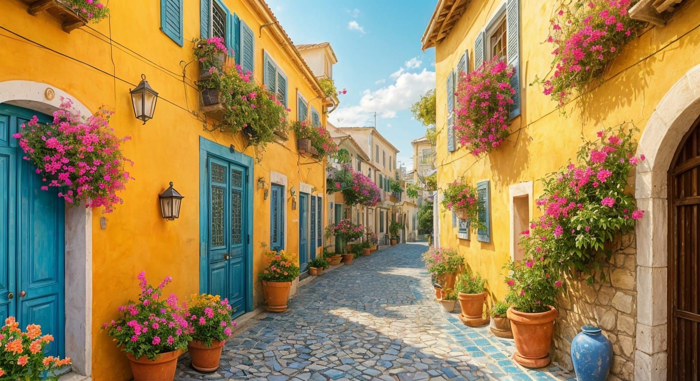 Sun-Drenched Terrace with Bougainvillea Overlooking Blue Sea
