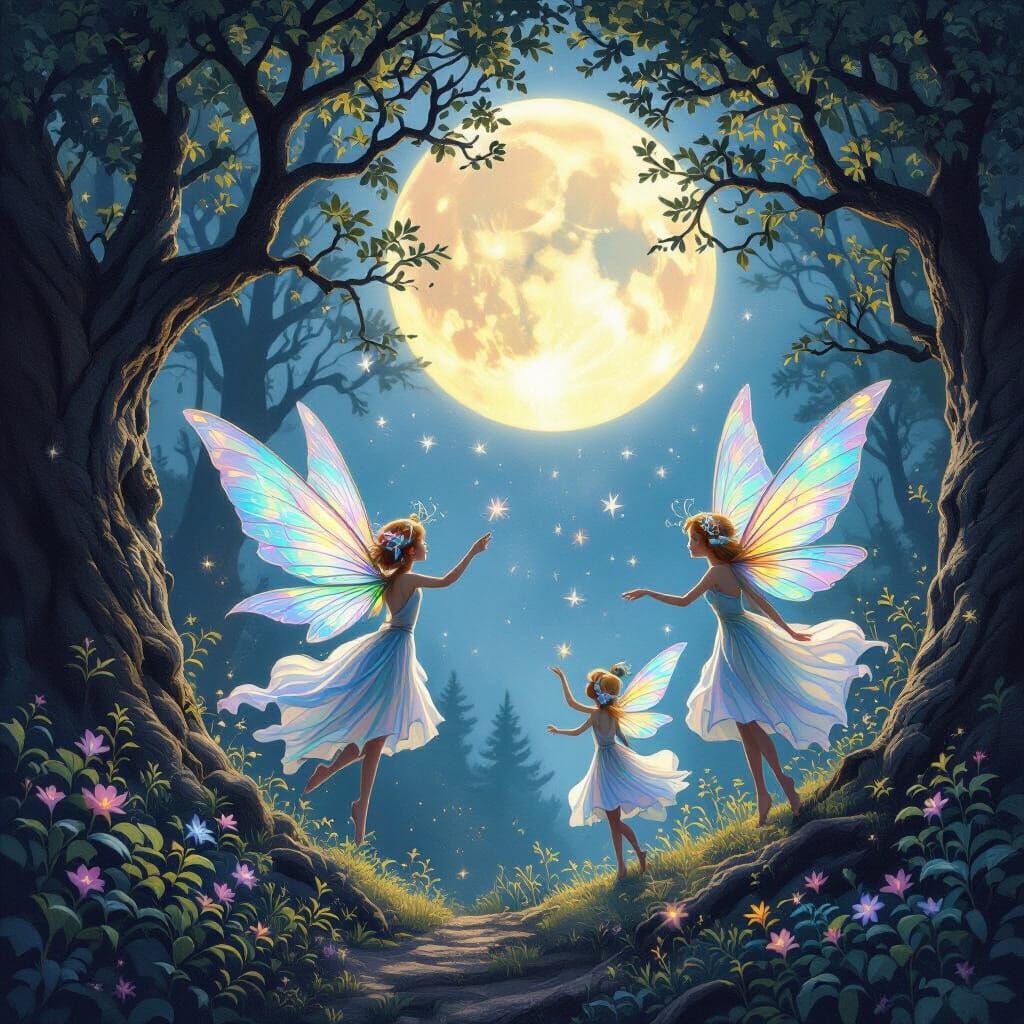 Enchanting Forest Sprites Dancing Under Ethereal Moonlight
