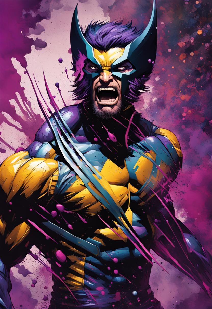 Futuristic Wolverine Attacks: Graffiti Art with Purple Hues