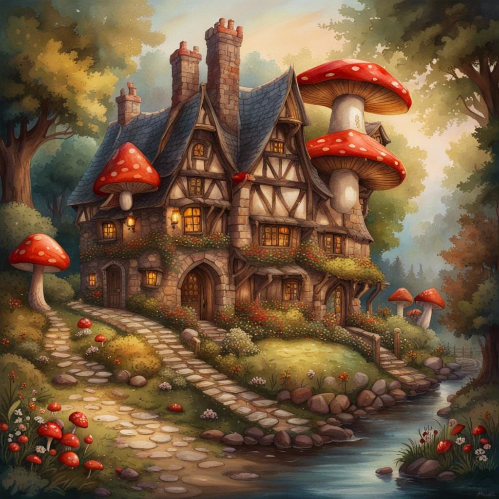Gothic Cottagecore Restaurant in Dark Fantasy Watercolor
