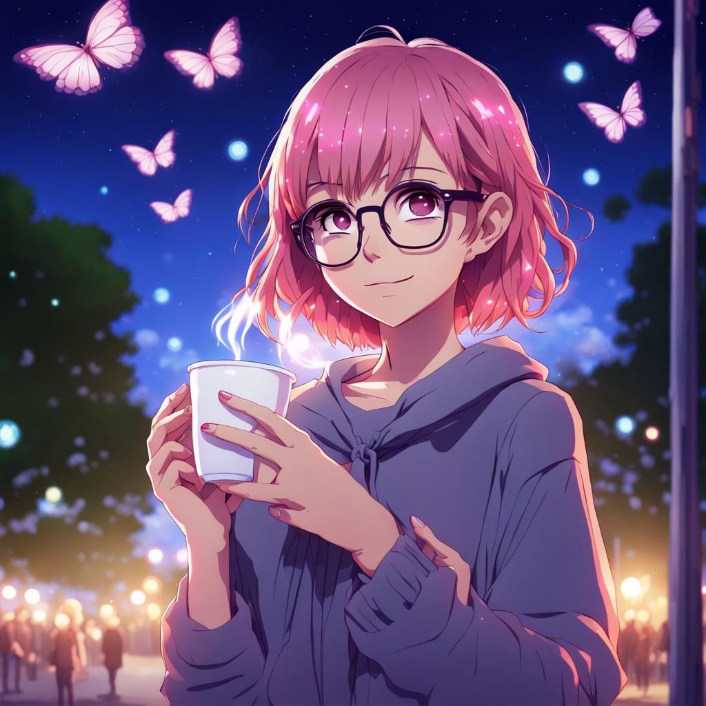 Anime Girl in Park at Night with Coffee