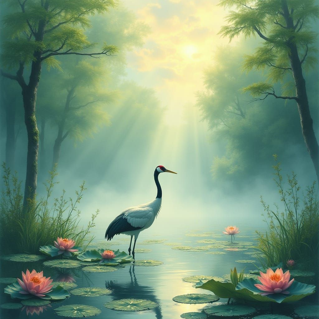 Majestic Crane in Japanese Swamp, Ukiyo-e Style