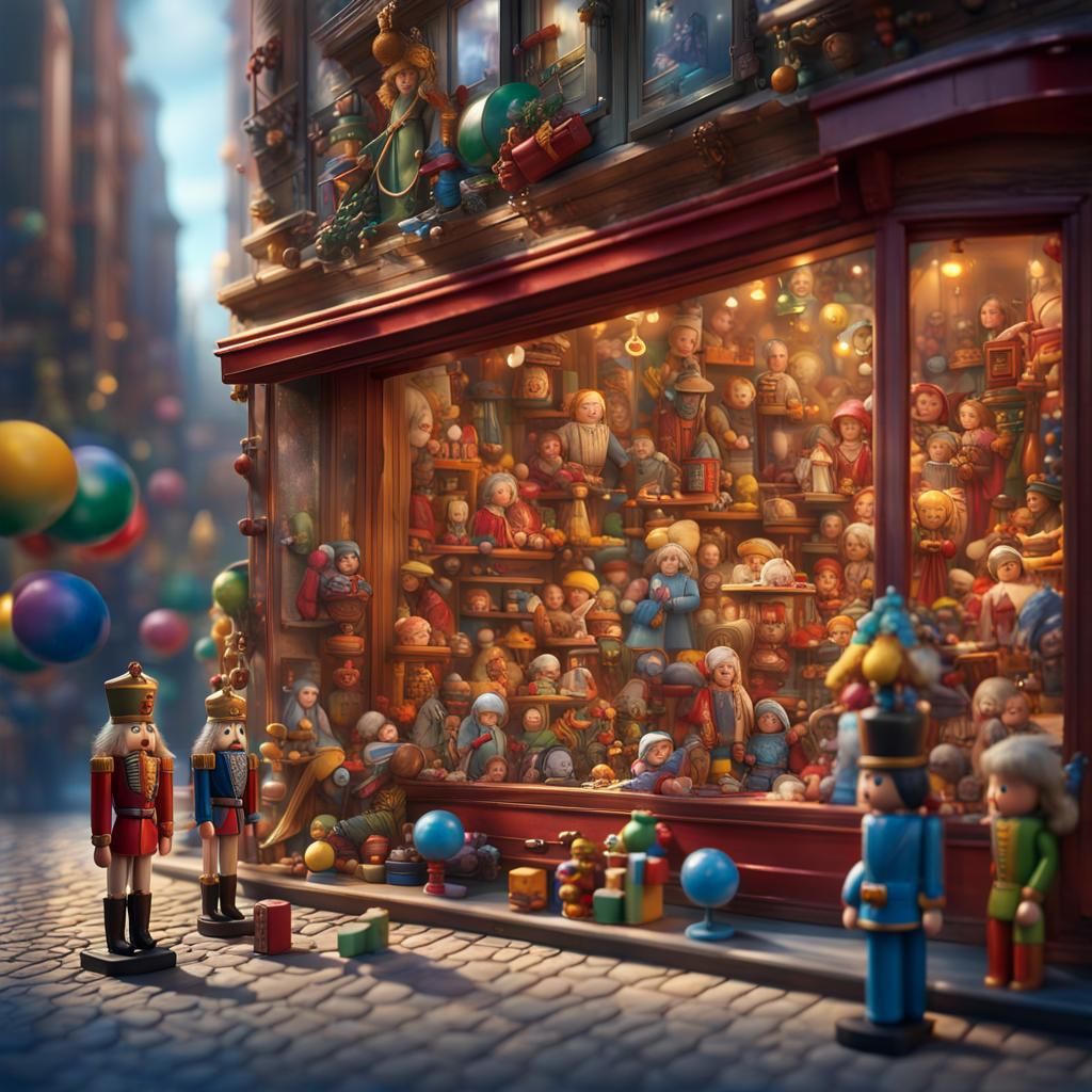 Colorful Toy Store Window Display, Detailed Matte Painting