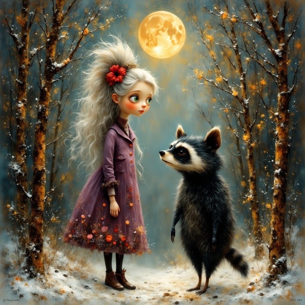 Whimsical Winter Scene with Ethereal Woman and Raccoon
