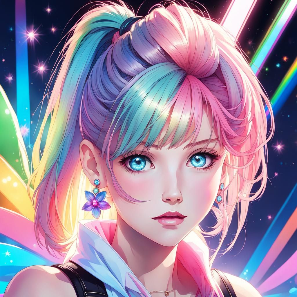 Hyperrealistic Anime Woman with Rainbow Ponytail
