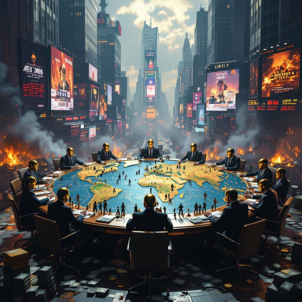 Satirical Dystopian Painting: Elites Control War for Profit