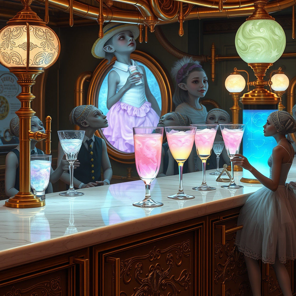 A nostalgic, retro-futuristic soda fountain, reminiscent of ...