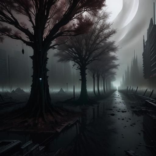 Detailed Decaying Futuristic City at Night