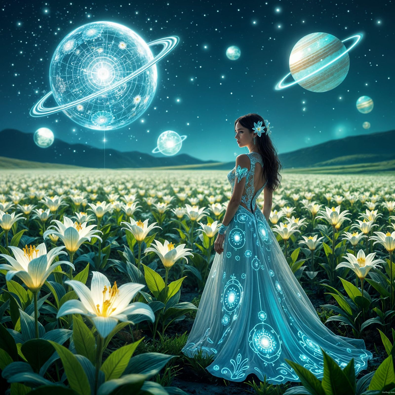 Alien World Bioluminescent Lilies & Holographic Planets
