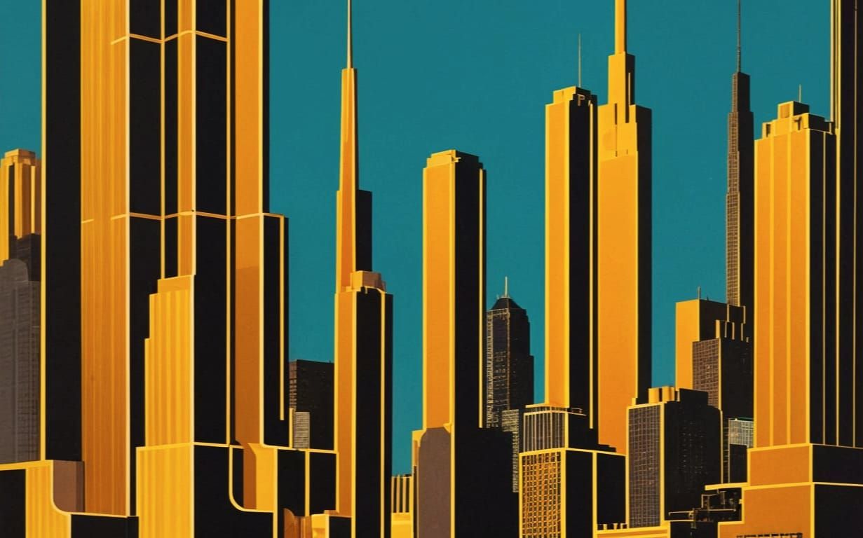 Art Deco Retrofuturist Cityscape in Metallic Gold and Teal