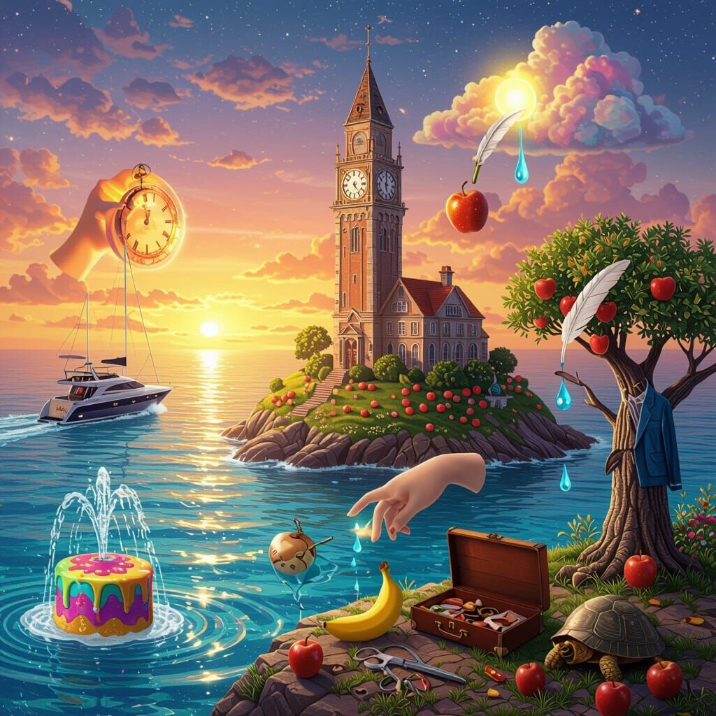 Surreal Island Sunset with Yacht and Clock Tower